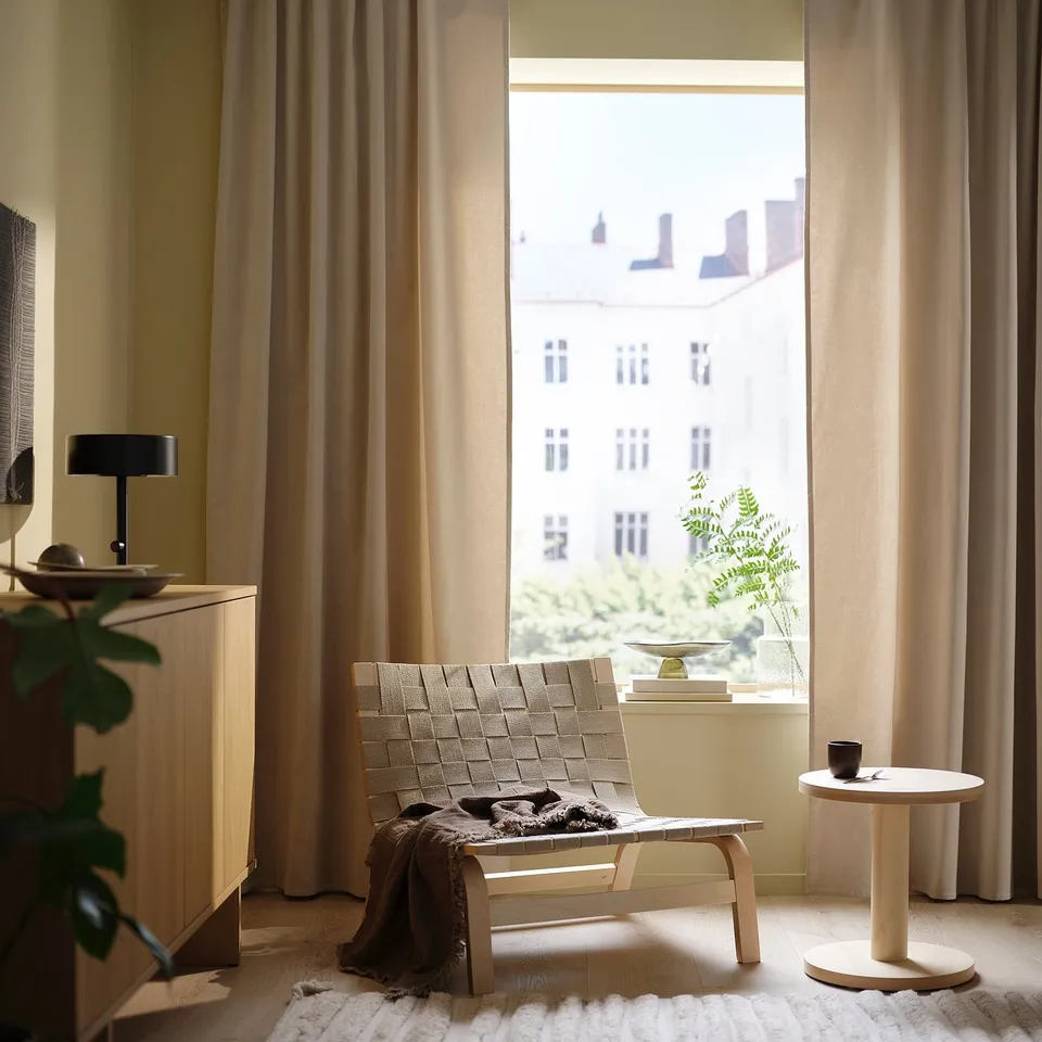 SANELA Curtains, 1 pair, light beige/with heading tape, 140x300 cm
