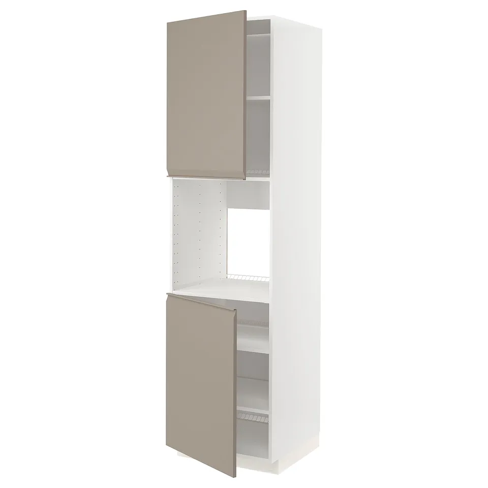 A white METOD kitchen storage unit with beige doors, featuring a modern design. It has two compartments with adjustable shelves and a sturdy frame.