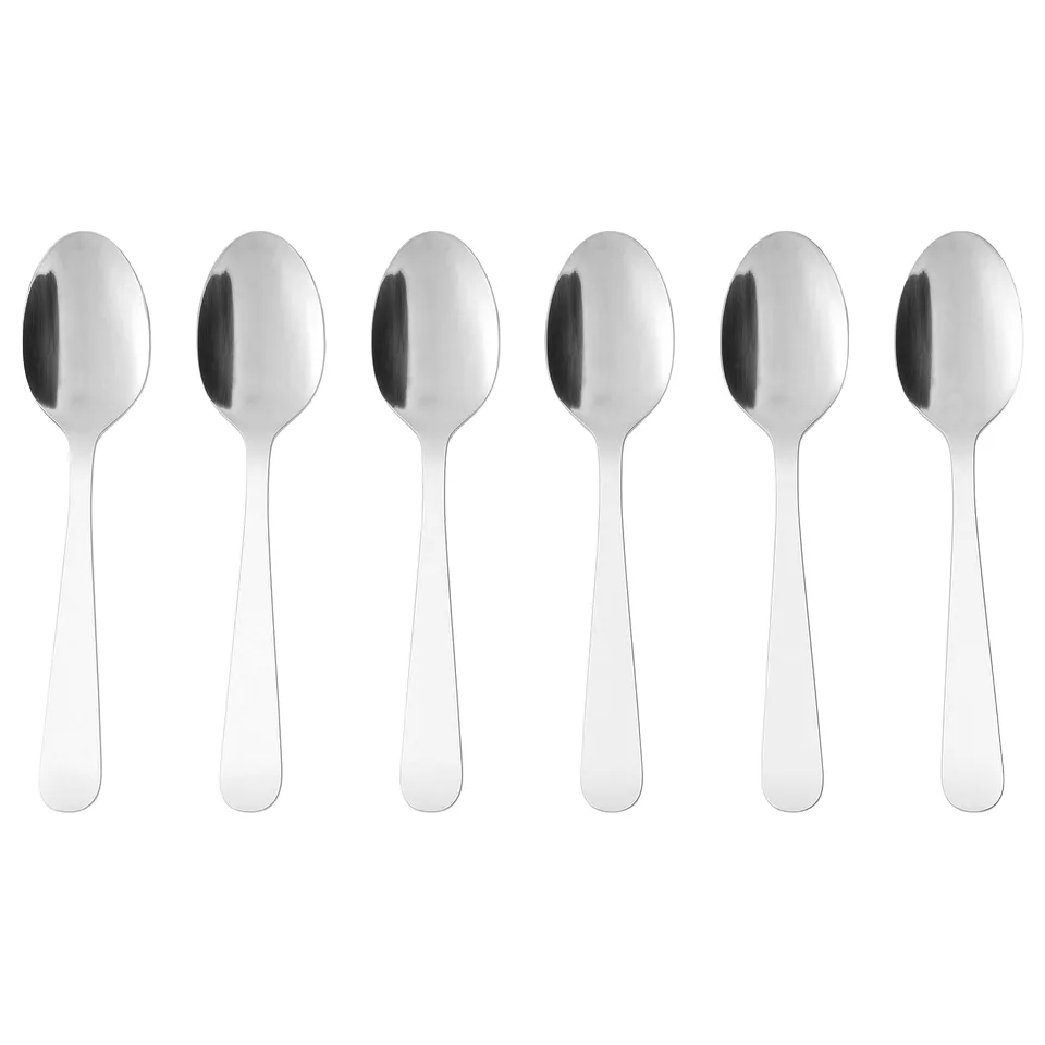 Six polished, stainless steel spoons laid in a row, identical in design and shape, reflecting light.