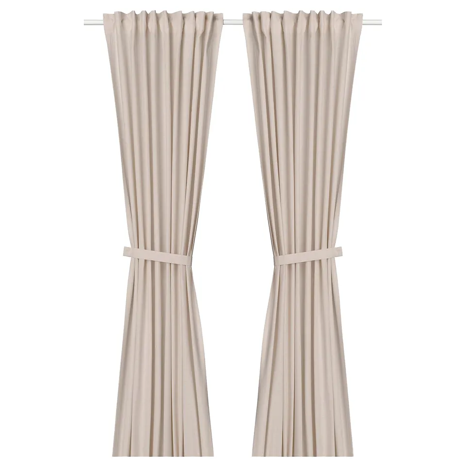LENDA light pink cotton curtains with tie-backs, ribbed texture, formal heading tape.