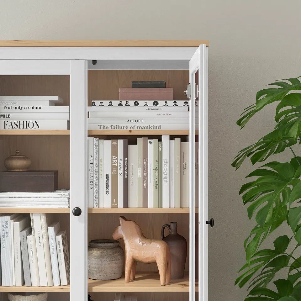 HEMNES Glass-door cabinet with 3 drawers, white stain/light brown, 90x197 cm