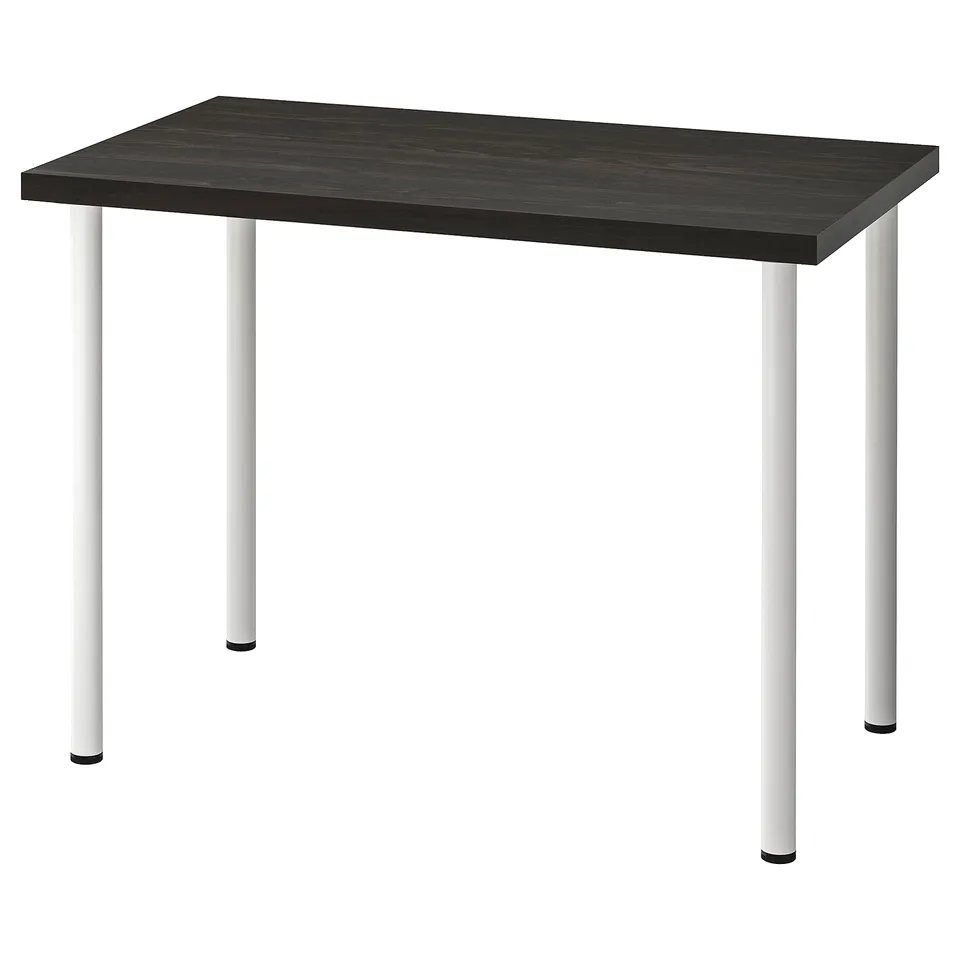 LINNMON desk, black-brown top, four silver legs, rectangular shape, minimalistic design.