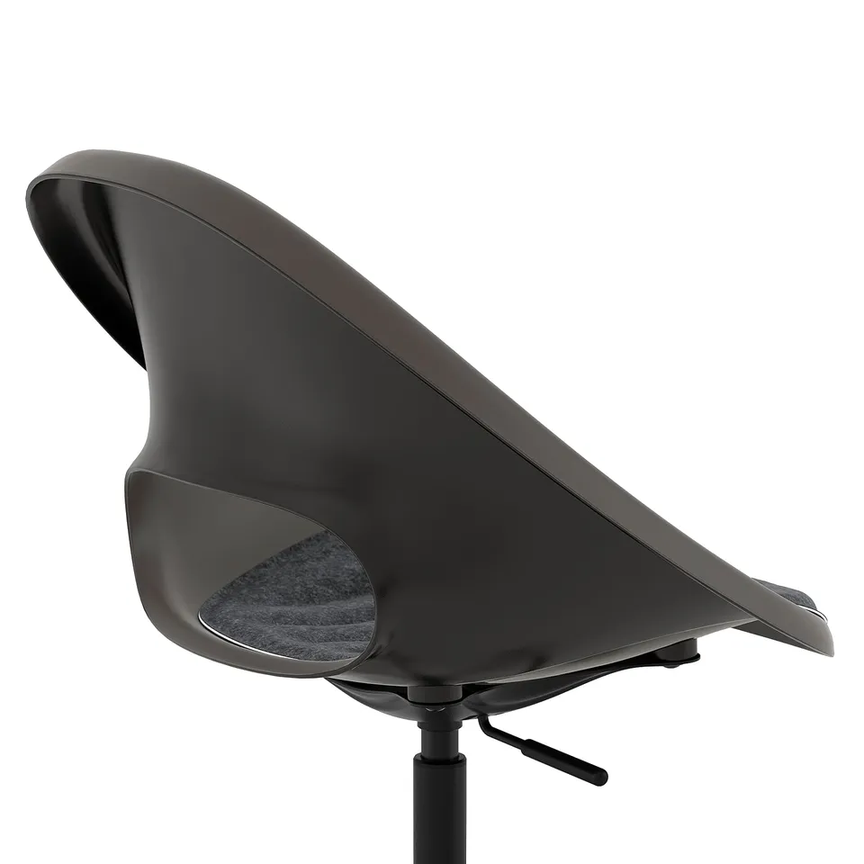 ELDBERGET desk chair detail: sleek black backrest, adjustable height, sturdy base.