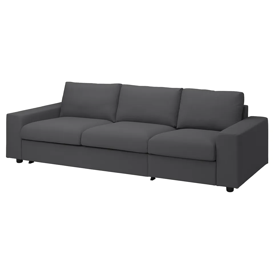 A dark grey VIMLE 3-seat sofa, modern and minimalist in design, upholstered in a fabric blend.