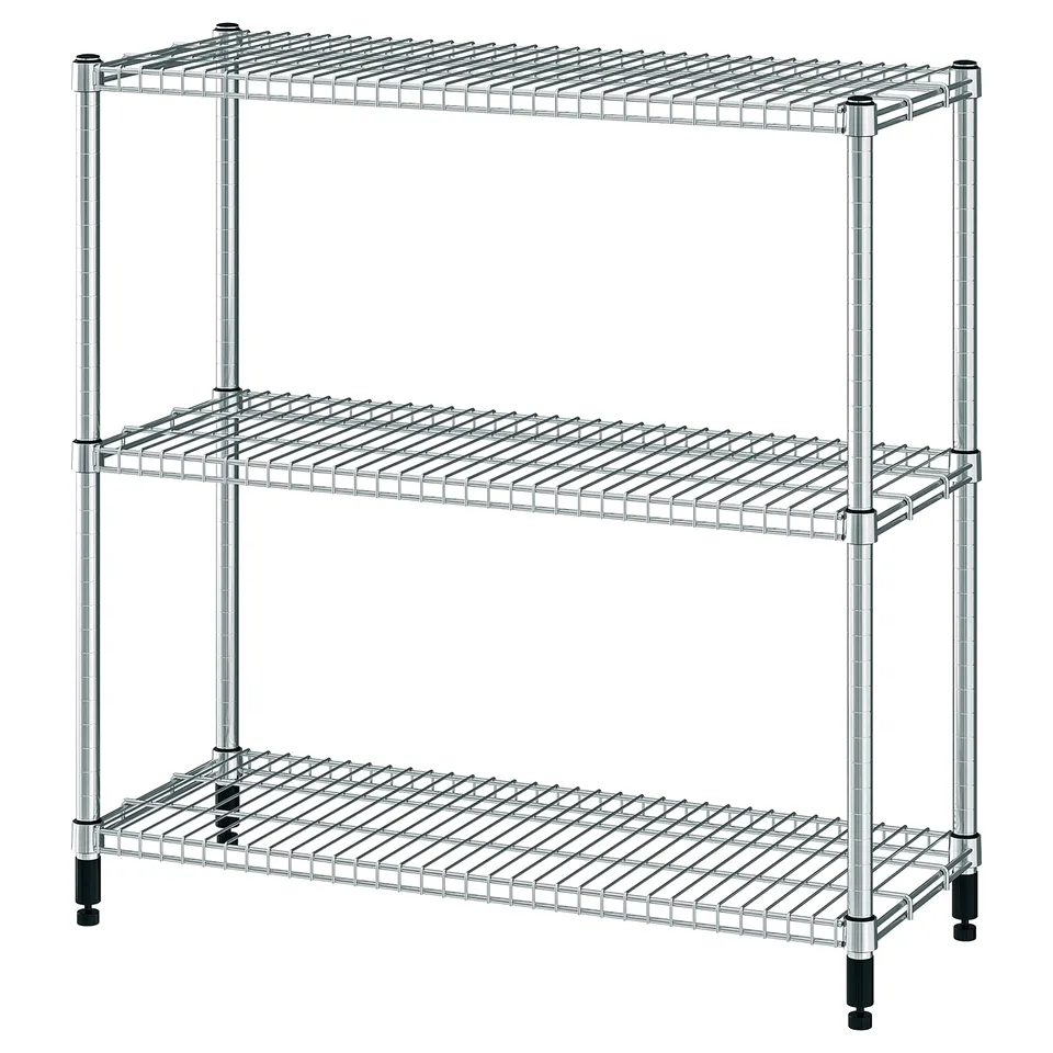 A silver, three-tiered metal storage shelf. Its designed for kitchens, bathrooms, or hallways with adjustable feet for stability on uneven floors.