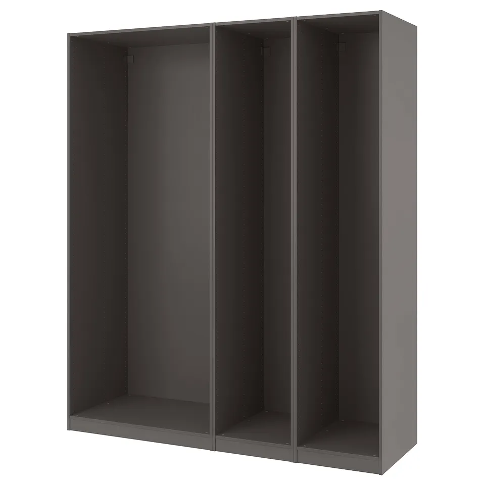 A PAX wardrobe frame in dark grey, featuring three open sections. Its a rectangular, modular design made from particleboard and laminate.