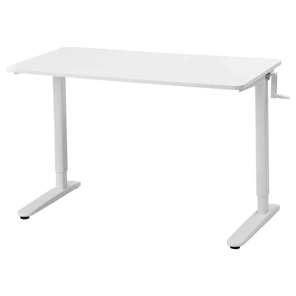 The RELATERA white adjustable standing desk. It a flat surface and crank handle for height adjustment. The desk has white legs and feet for stability.