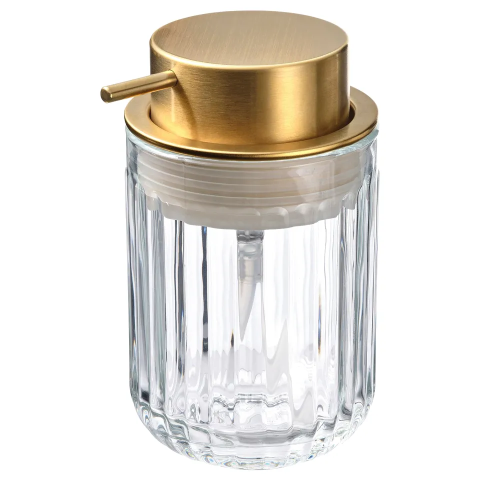 Elegant golden soap dispenser with clear textured glass body, metallic pump and lid. Modern luxury design for bathroom.