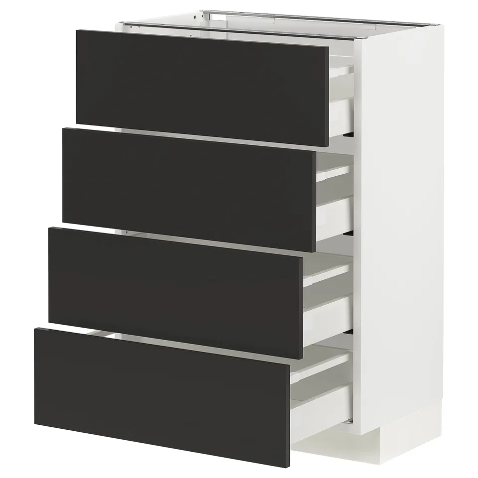 METOD: white cabinet with four black drawers, sleek modern design, soft-close drawers.