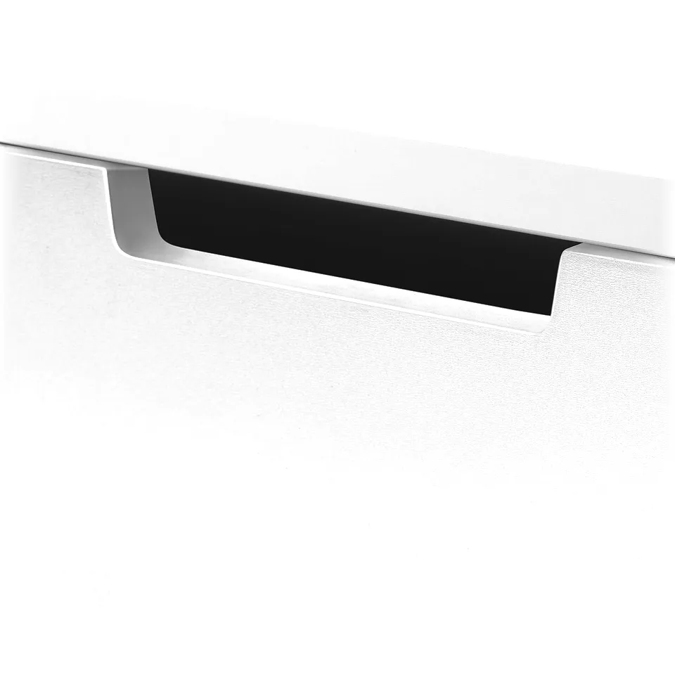A sleek, white modern drawer with a smooth, metallic handle for easy grip, showcasing high-quality design and craftsmanship.