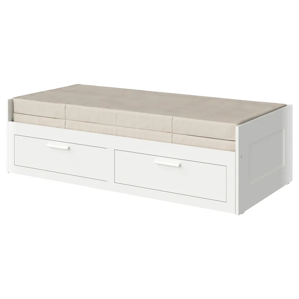 BRIMNES white day-bed w/ drawers & beige cushion. Modern, space-saving.