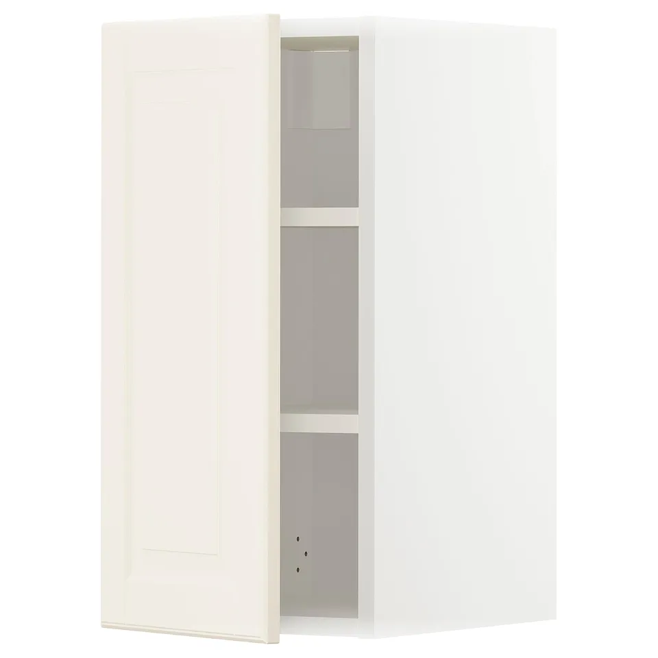 Off-white kitchen cabinet with bevelled edges, three shelves, and adjustable shelf. METOD by IKEA.