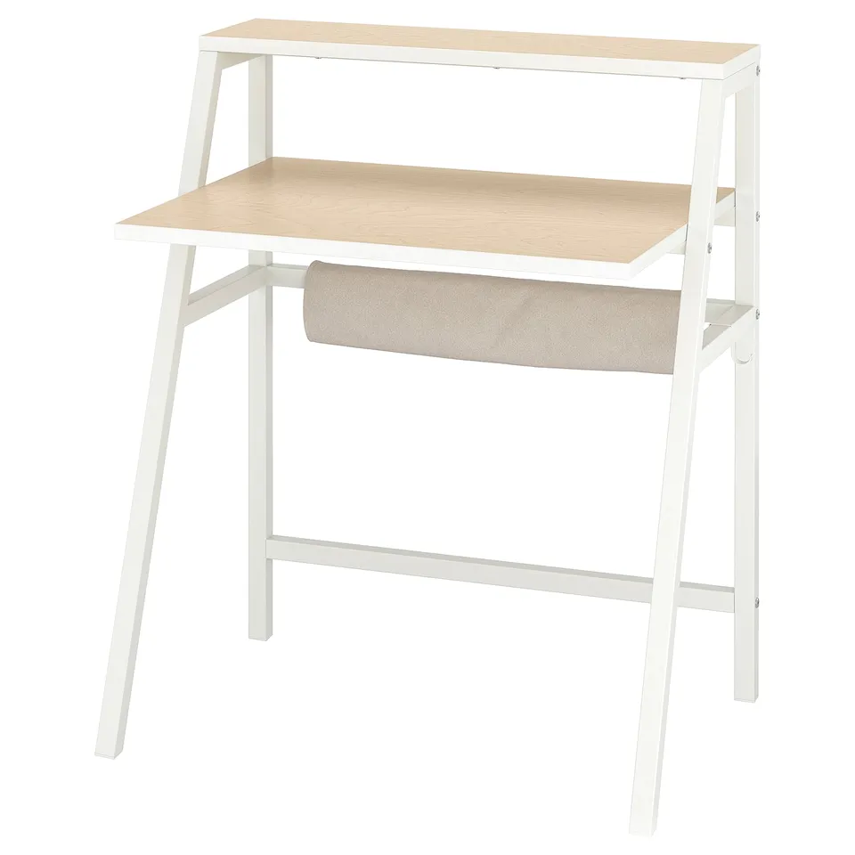 MITTPLAN desk, white & light wood, sleek design, fabric side pocket, perfect for small spaces.