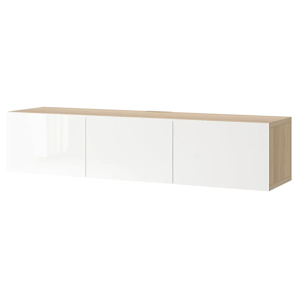 Modern minimalist tv bench in white and light oak; three section storage with adjustable shelves, soft-closing or push-open doors.