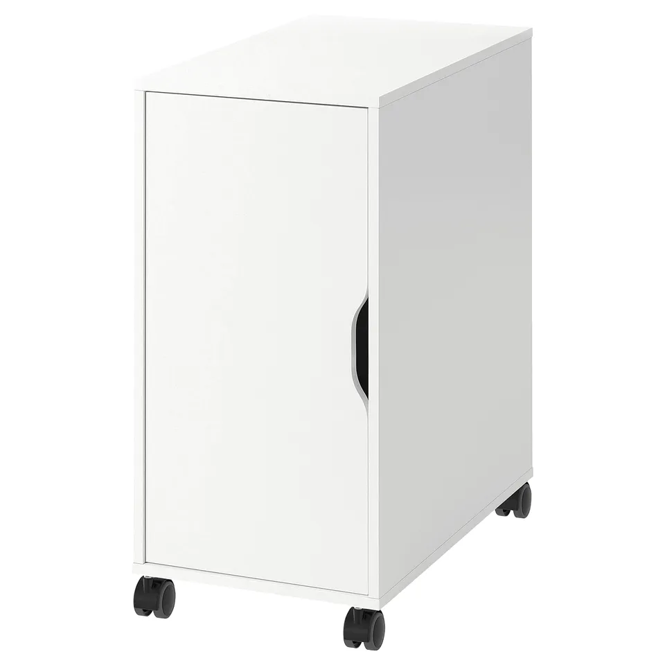 White ALEX cabinet on castors with black wheels, single door, stand alone design.