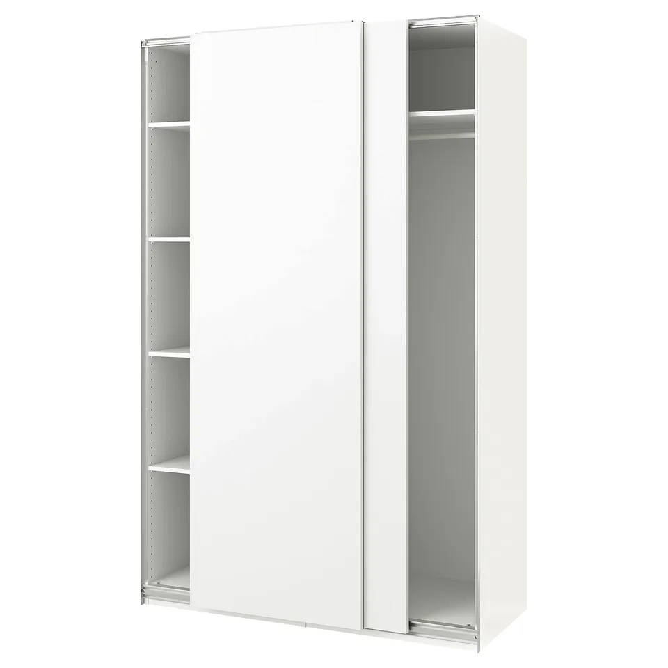 A white ikea PAX wardrobe with sliding doors and internal shelves.