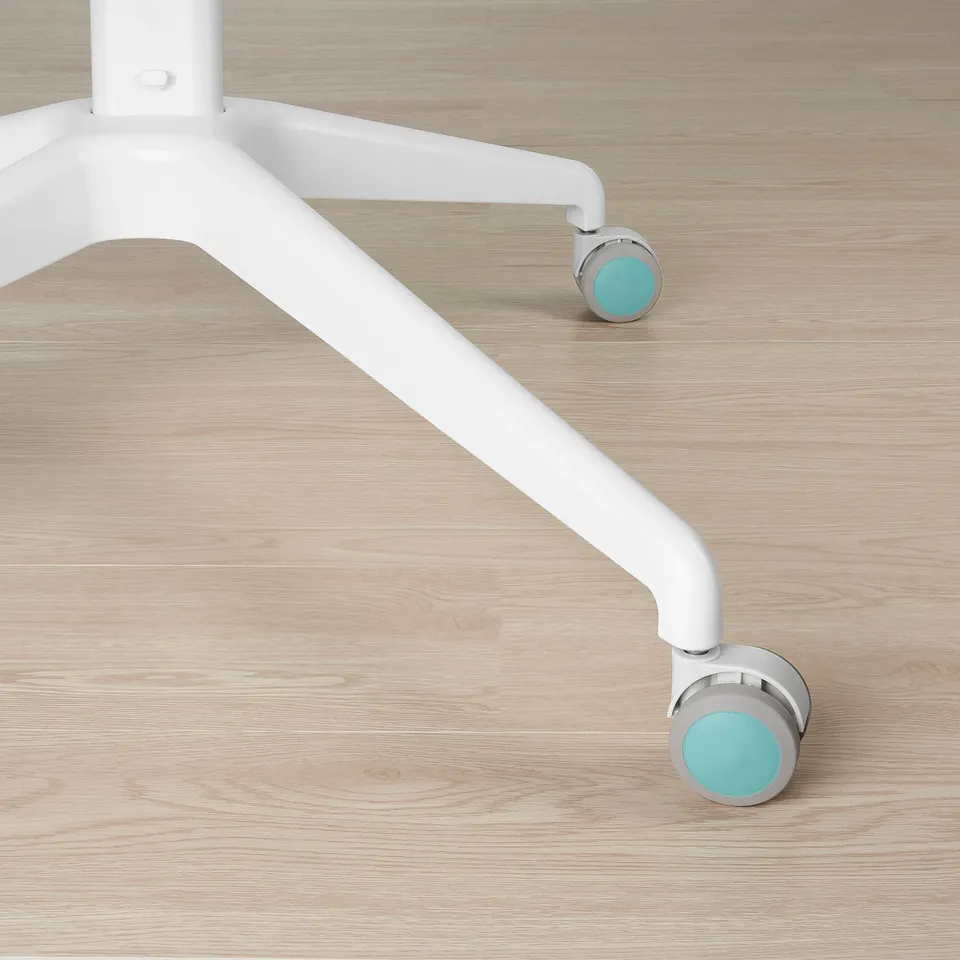 Close-up of office chairs base and casters. Durable white metal base supports two light blue casters, indicating sturdy design focus.