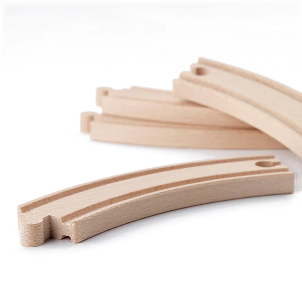 High-quality wooden train tracks, crafted with precision from solid beech. Light-colored, smooth finish, and interlocking design for easy assembly.