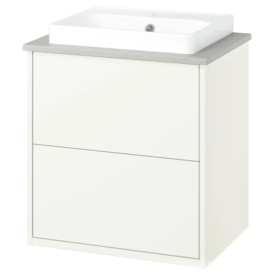 HAVBÄCK white bathroom vanity, modern minimalist design, ceramic sink, soft lines, wall-mountable.