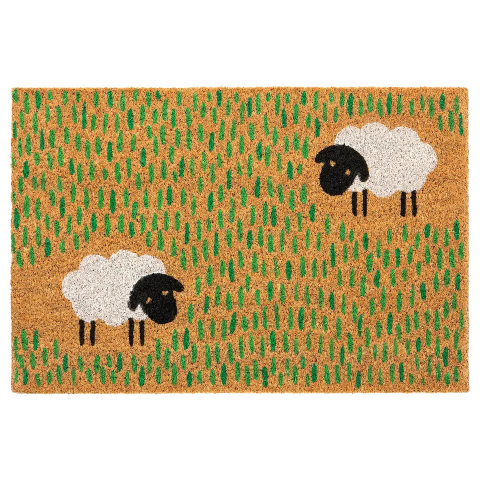 LÖGE doormat: sheep design in green and tan. Natural coir and jute. Rectangular shape.