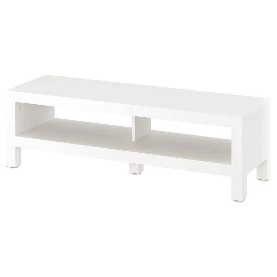 A white LACK tv bench. Its rectangular, sleek, and minimalist in design, with one open shelf and four visible legs.