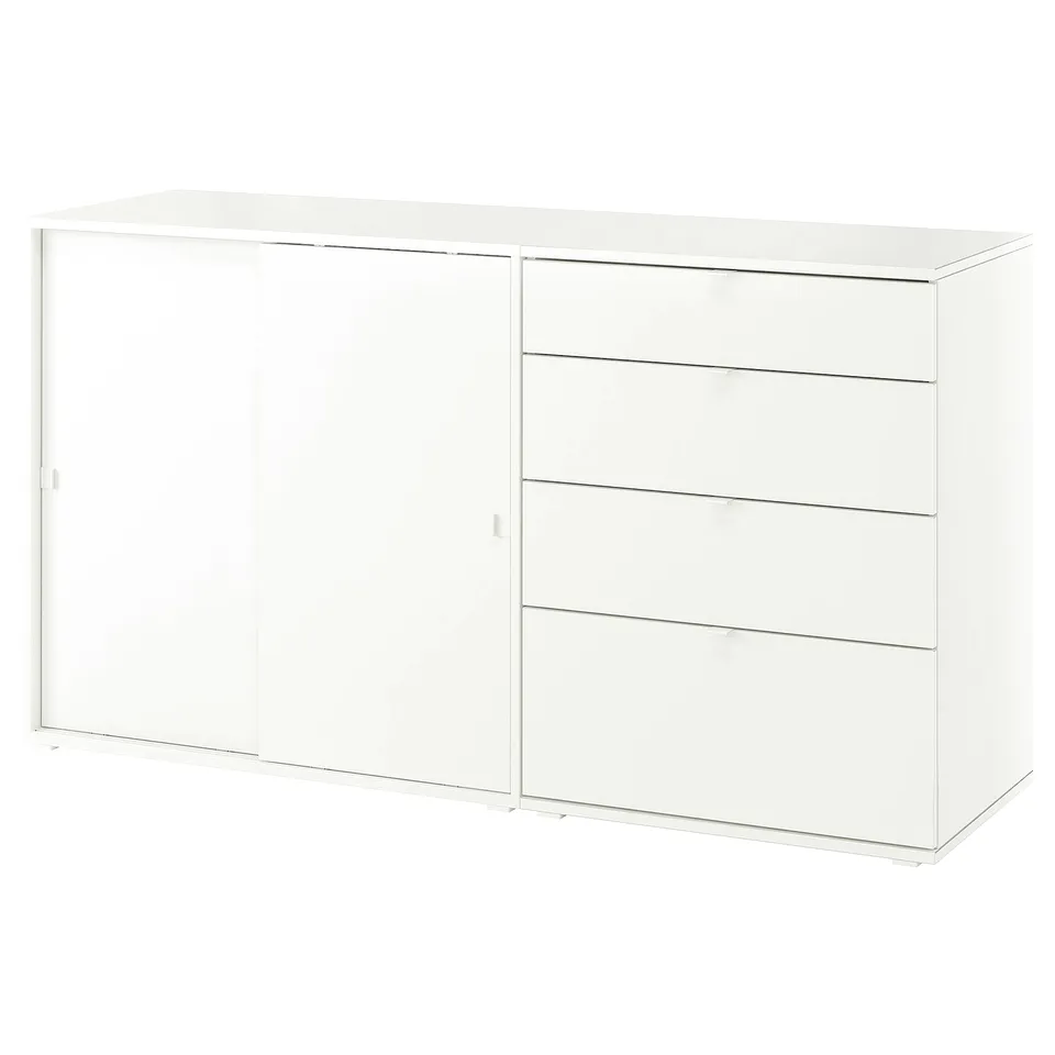 A white VIHALS storage unit with cabinets and drawers made from sustainable materials.