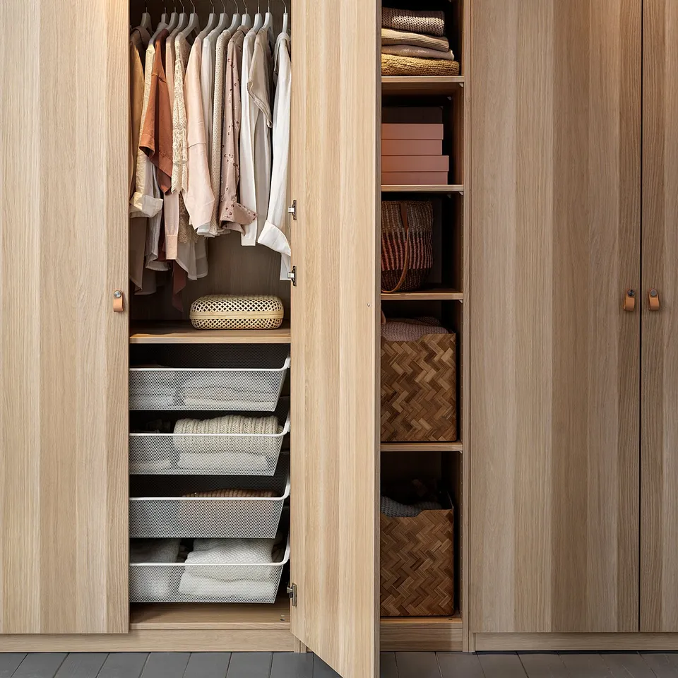 Well-organized light wooden PAX wardrobe, featuring shelves with folded clothes, hanging garments, and woven baskets, providing ample storage space.
