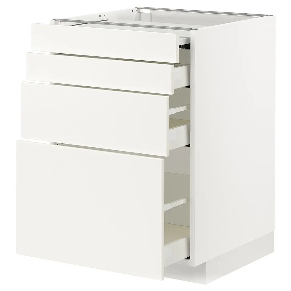 White METOD kitchen cabinet with veddinge smooth fronts, three pull-out drawers.