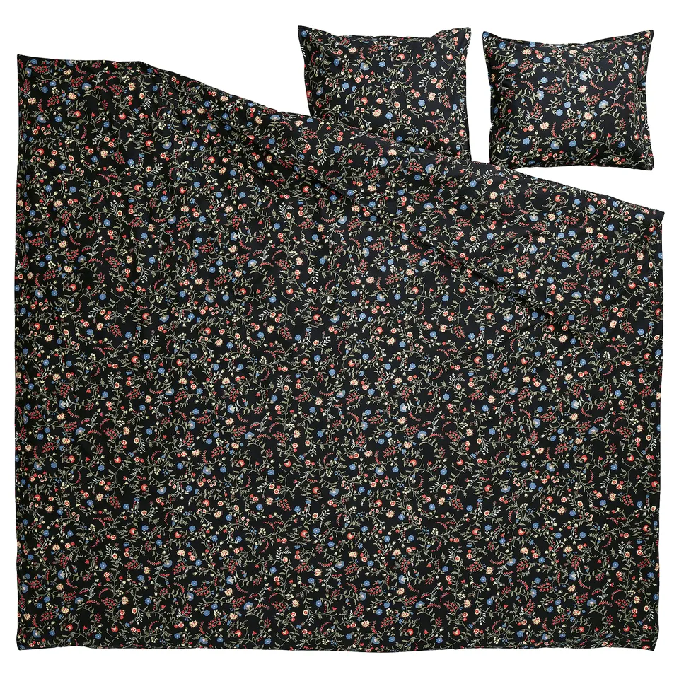 BRUDKRUSBÄR black bedding set, floral pattern, soft organic cotton.