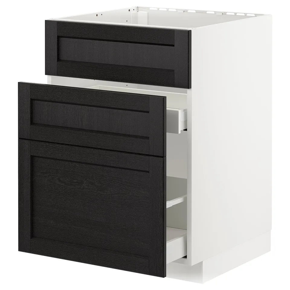 Modern kitchen cabinet, white & black, wood & metal, square shape, with drawers.