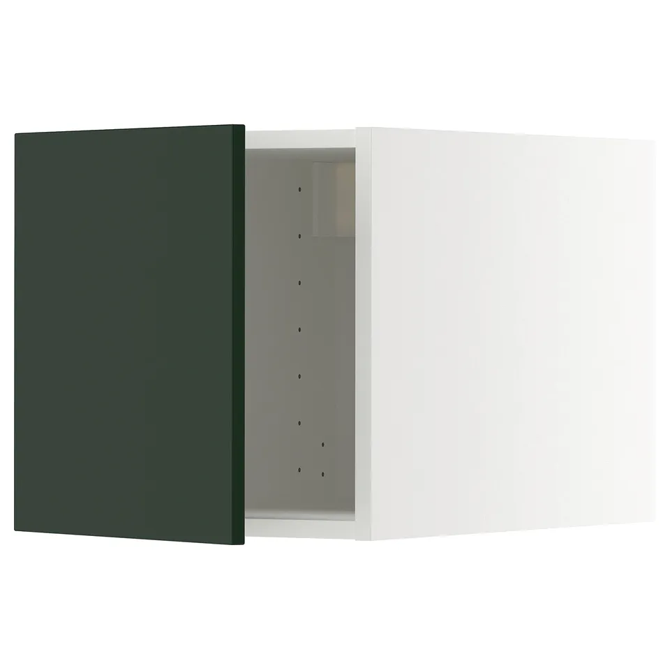A dark green METOD kitchen cabinet with a white interior. It a sleek, rectangular design with modern, flat-panel doors.
