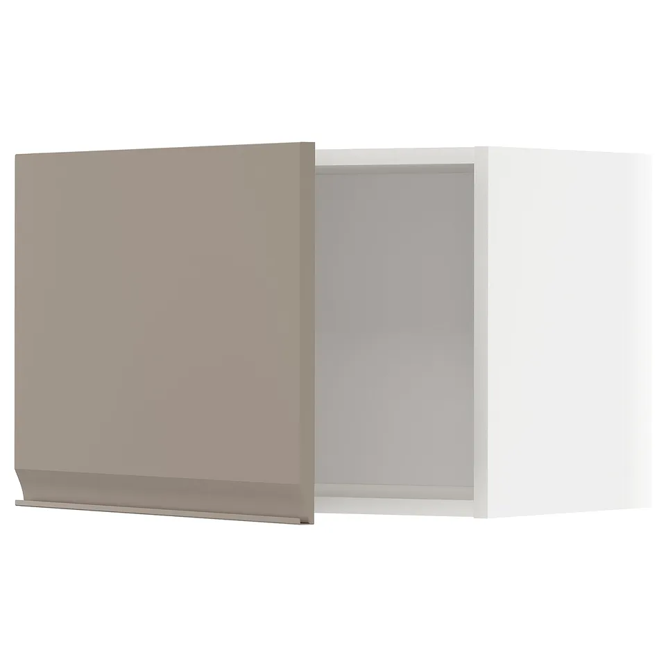 A modern kitchen cabinet in beige with minimalist design from the METOD system. It a flat, grey-beige front with integrated handle and clean edges.