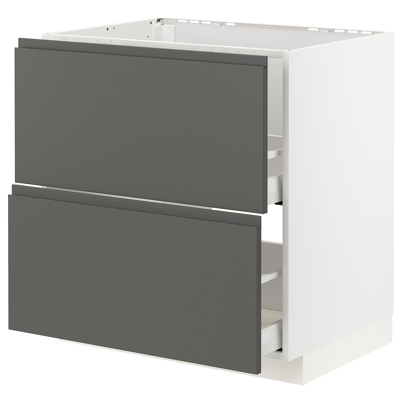 Modern grey kitchen cabinet set with white interior, featuring two drawers and sleek, handle-less design.