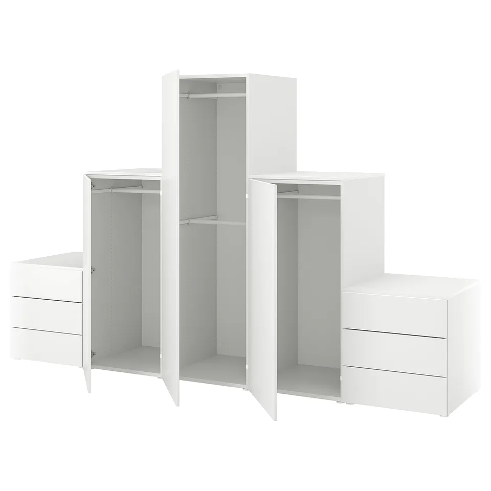 White PLATSA furniture set with wardrobes and drawers.