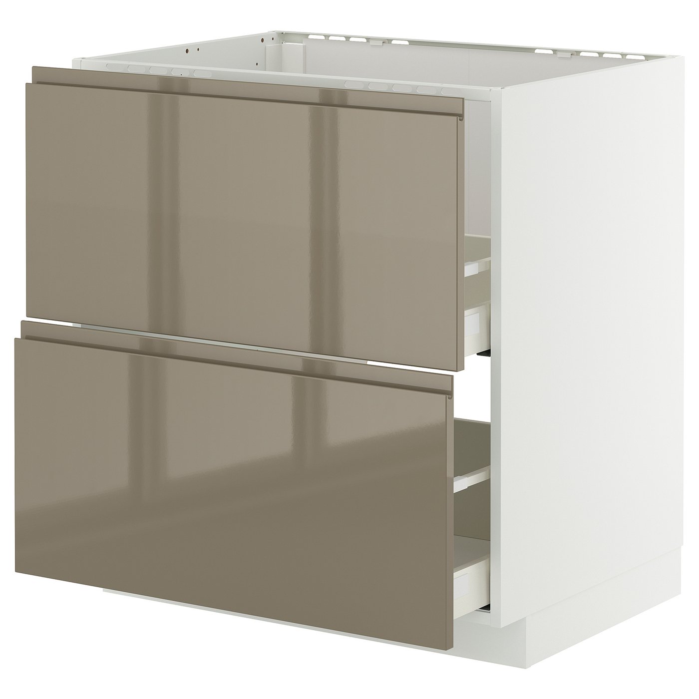 Modern kitchen cabinet METOD with two large handleless dark grey-brown drawers and white frame.