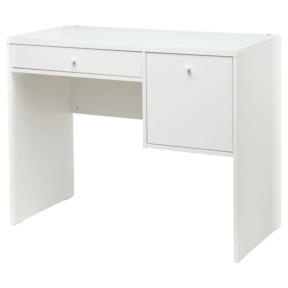 SYVDE white dressing table: sleek design, glass top, two drawers, modern style.