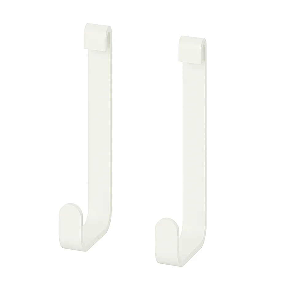 Two white ENHET hooks, slim, vertically positioned, with a coat hook shape, for hanging items.