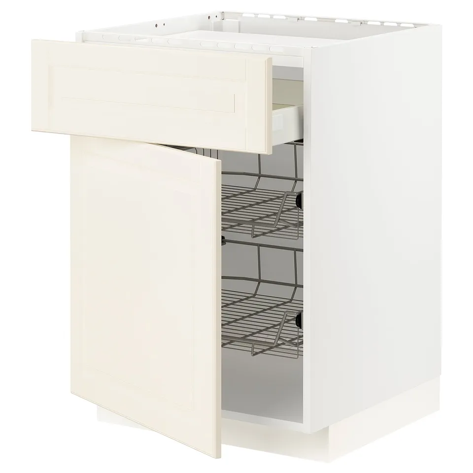 Off-white METOD kitchen cabinet with wire shelves, bevelled edges, and modern design.