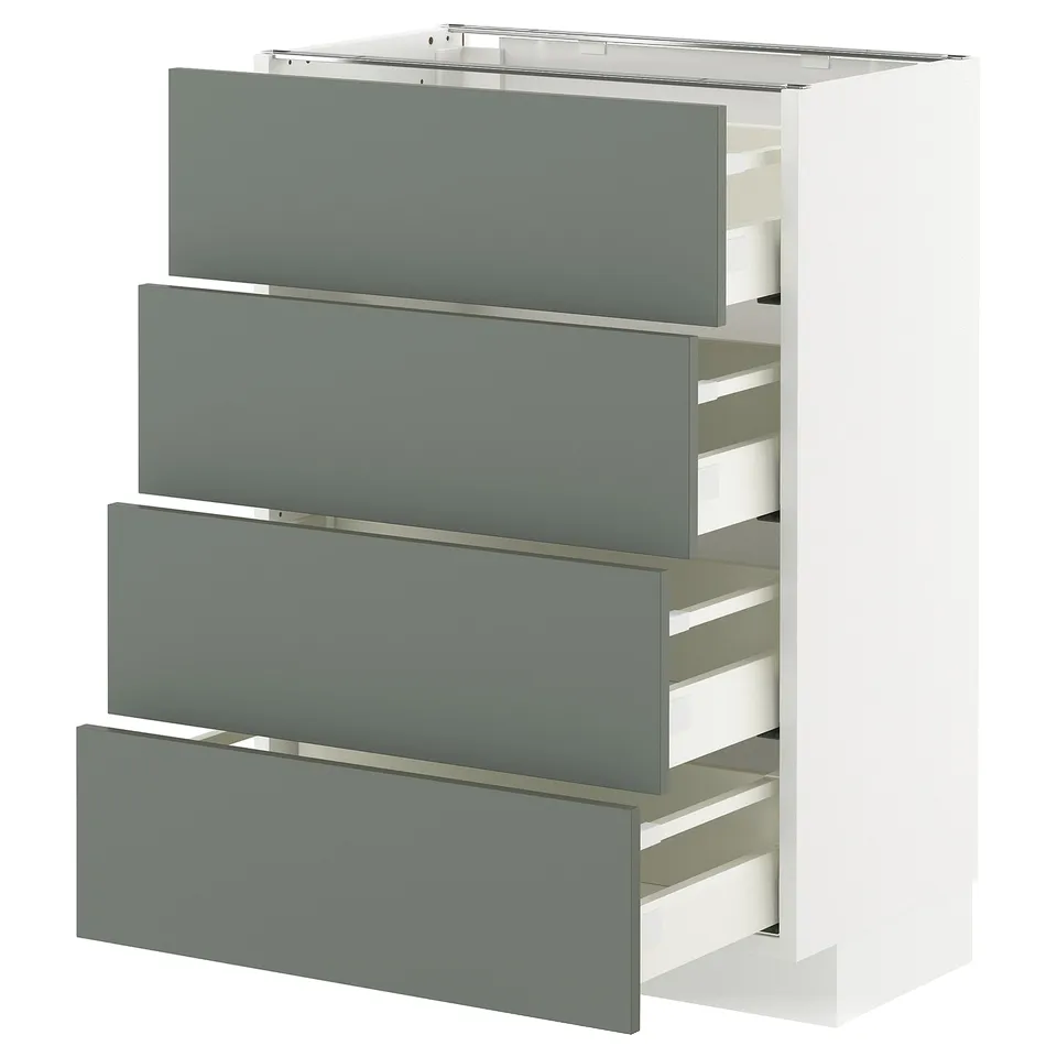 Modern kitchen unit: grey-green, four drawers.