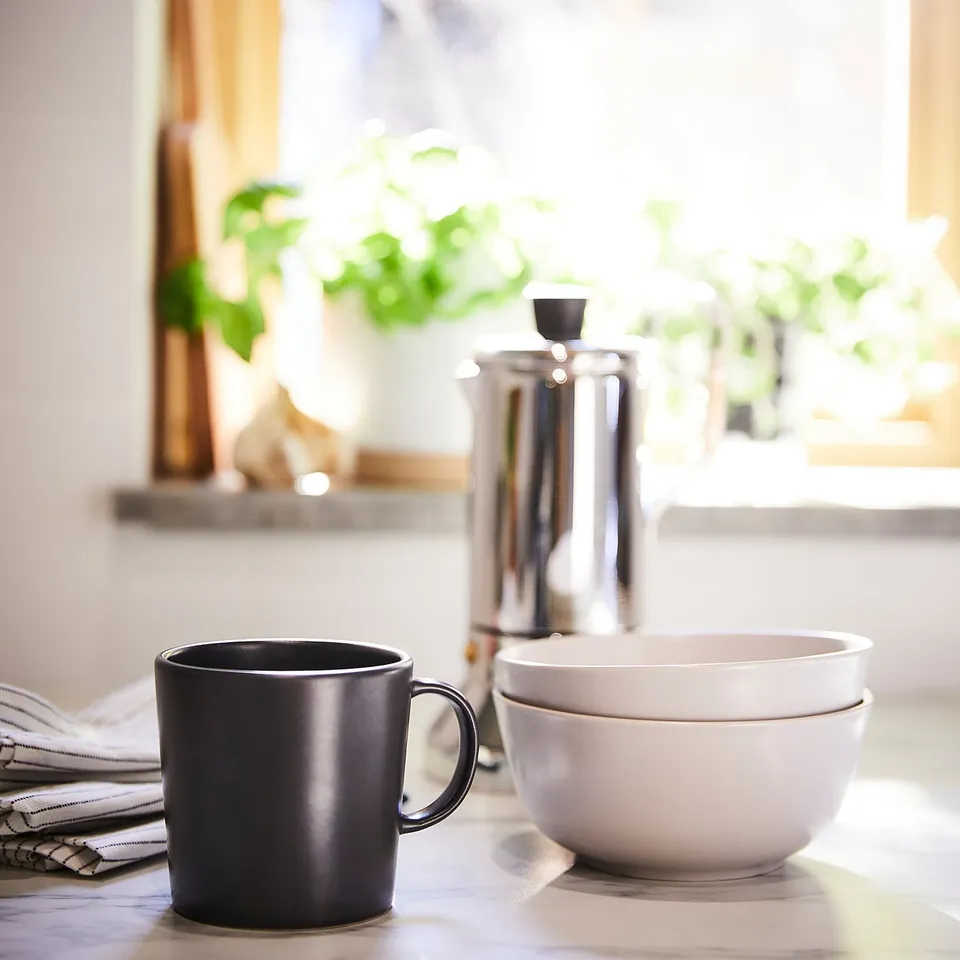 Black and white matte ceramic mug and bowl near window with plant.
