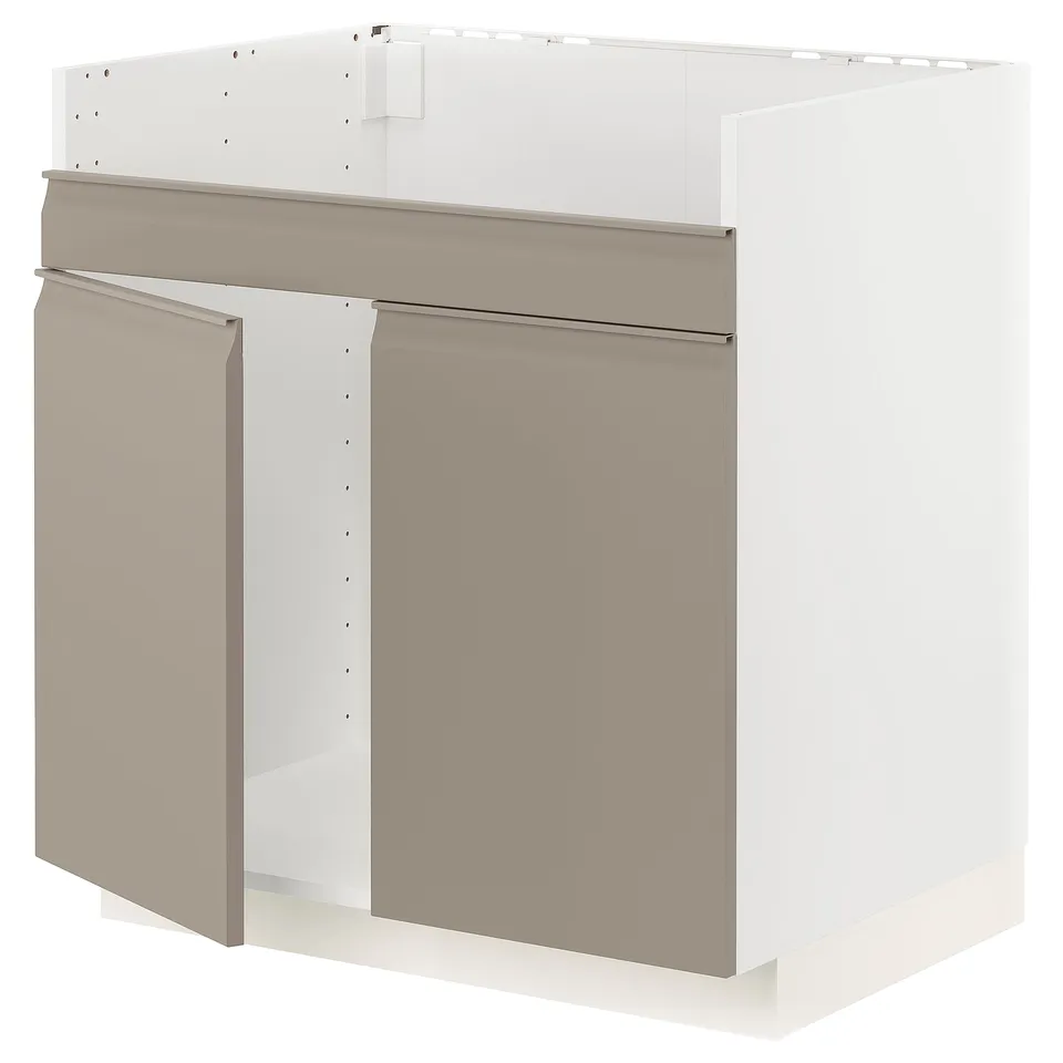 A beige kitchen cabinet from ikea METOD series with modern grey-beige doors and a sleek, minimalist design.