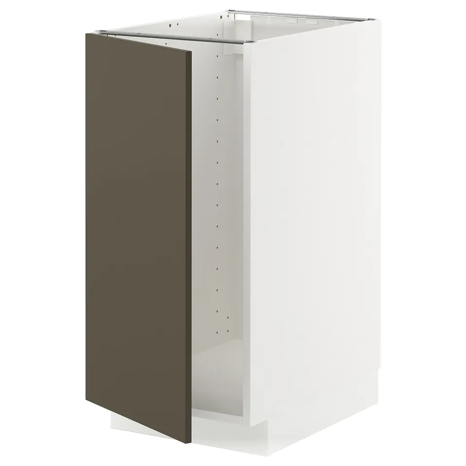 White METOD kitchen cabinet with dark brown door, adjustable shelving.