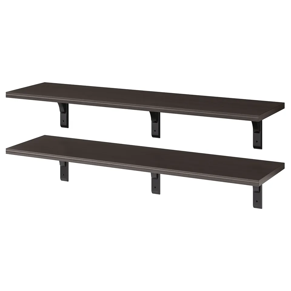 Two black wall shelves, rectangular, with metal brackets.