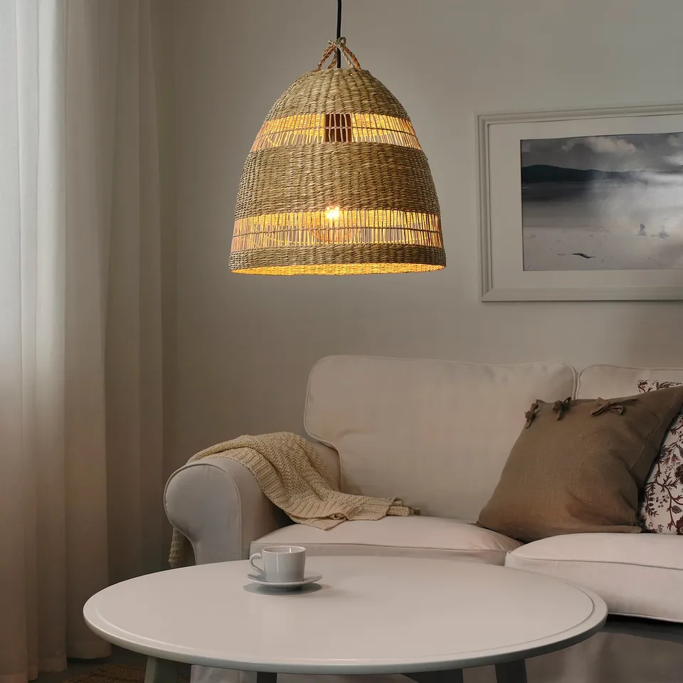 TORARED / HAVSDJUP Pendant lamp, handmade sedge/black, 36 cm