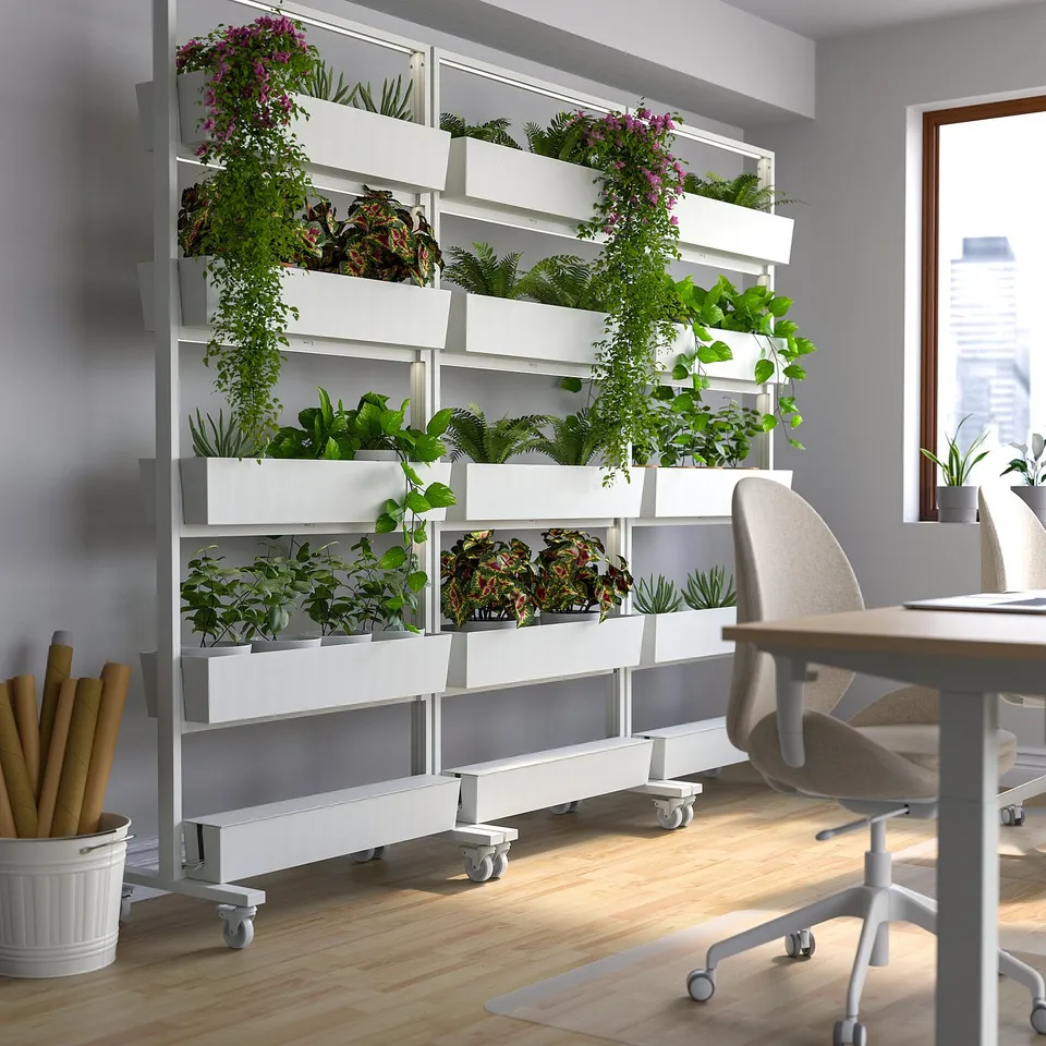 MITTZON plant divider with white pots, brings greenery to offices, modern design.