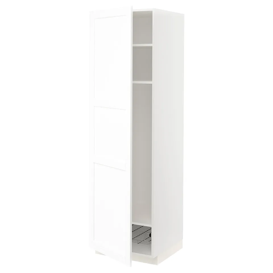 White ikea METOD kitchen cabinet with one open door, showing shelves. Minimalist, tall, rectangular, modern design.