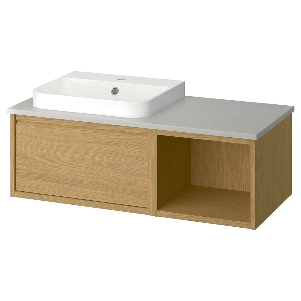 Ångsjön bathroom vanity: oak cabinet, grey countertop, white basin, modern minimalist.