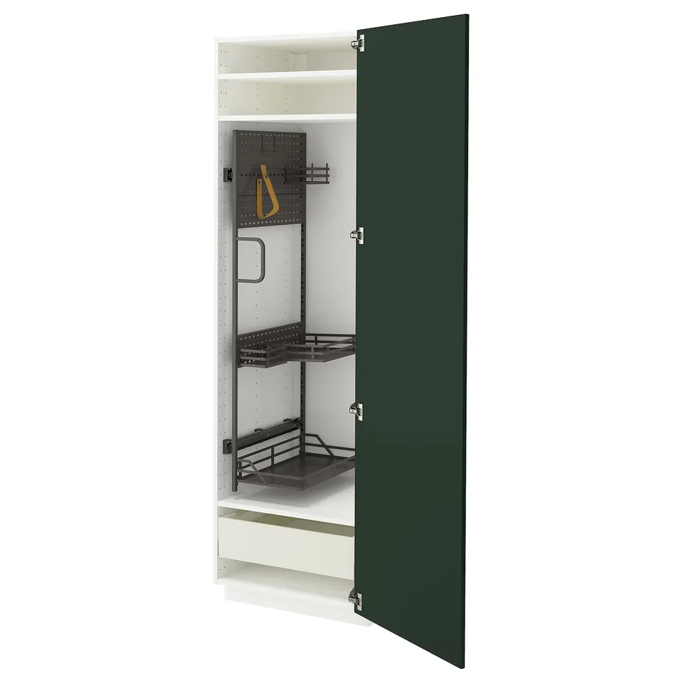 An open METOD kitchen cabinet with green havstorp doors, featuring adjustable shelves, smooth-running drawers, and a sturdy particleboard frame.