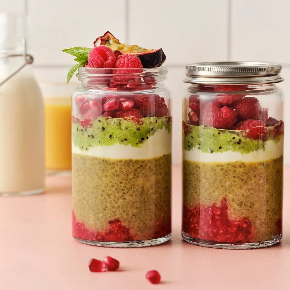 Two glass jars with layered fruit and chia pudding, topped with raspberries, pomegranate, and mint, likely stored for serving.