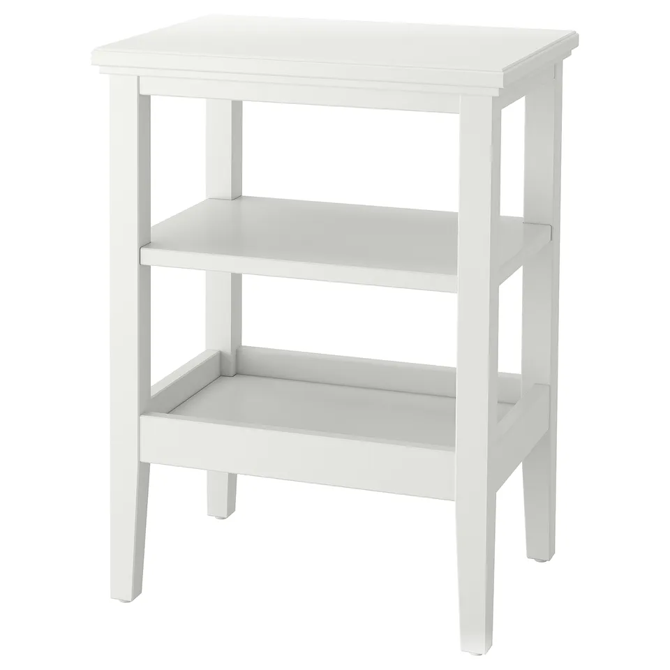 IDANÄS white side table, 3-tier, wood, square, minimalist.